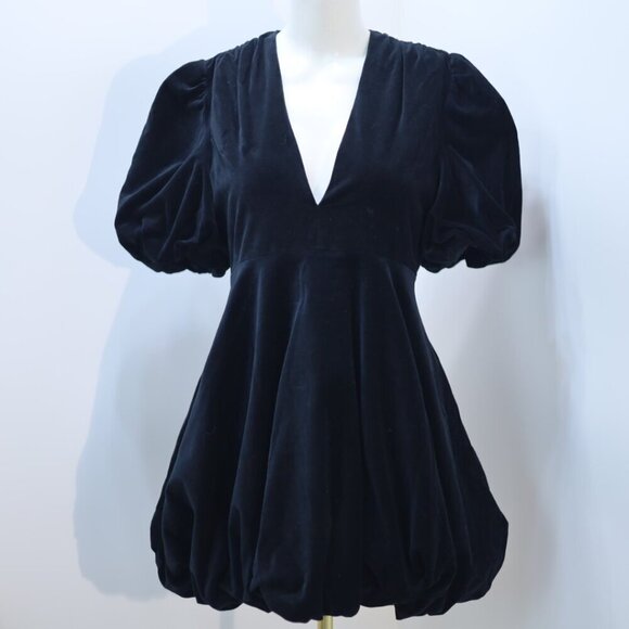 Zara Dress Black Mini V Neck Puffer Sleeves Balloon Bottom Velvet Size M - Picture 3 of 5